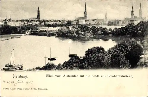 Ak Hamburg, Stadt mit Lombardsbrücke vom Alsterufer