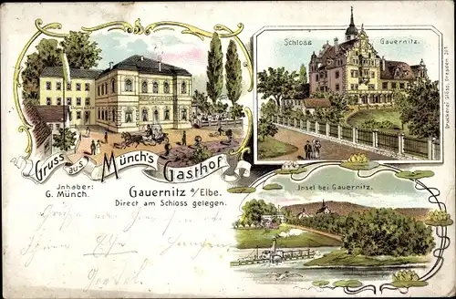 Litho Gauernitz Klipphausen Sachsen, Münch's Gasthof, Schloss Gauernitz, Insel