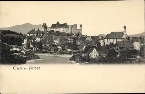 Ak Füssen im Ostallgäu, Teilansicht vom Ort, Lech, Kirche, Hohes Schloss