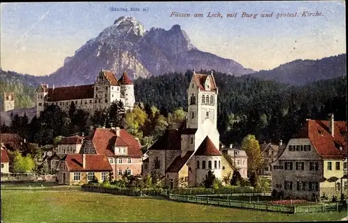 Ak Füssen im Ostallgäu, Teilansicht vom Ort, Hohes Schloss, protest. Kirche, Säuling, Purger 14187