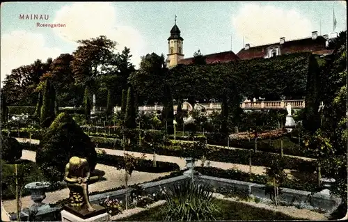 Ak Insel Mainau im Bodensee, Partie im Rosengarten, Statuen