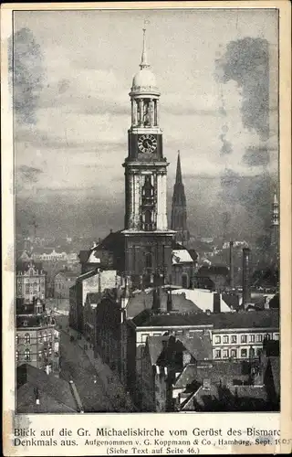 Ak Hamburg, Michaeliskirche, Teilansicht der Stadt, Vogelschau, Blick v. Gerüst des Bismarckdenkmals