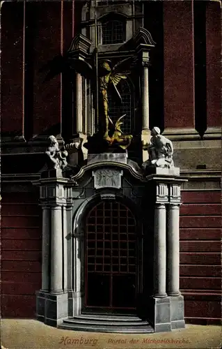 Ak Hamburg, Michaeliskirche, Hauptportal, Totalansicht, Engel mit Kreuzstab