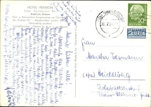 Ak Oberstdorf im Oberallgäu, Hotel Pension Andreasklause