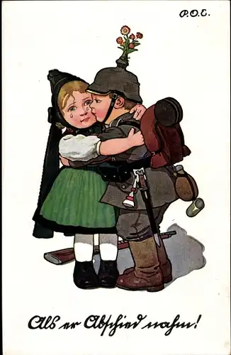 Künstler Ak Engelhard, P.O.E., Als er Abschied nahm, Soldat küsst Frau zum Abschied