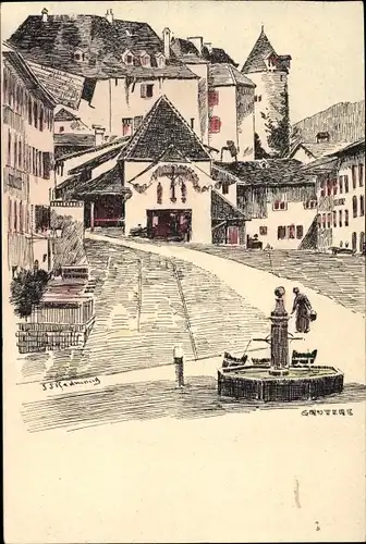 Künstler Ak Gruyères Kt. Freiburg Schweiz, Schloss, Brunnen
