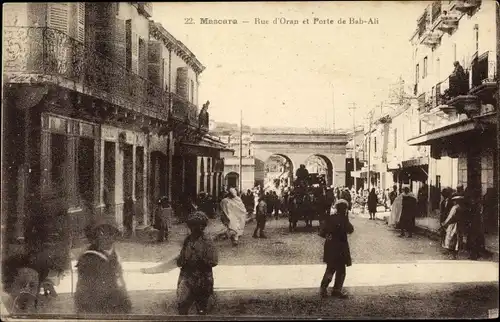 Ak Mascara Muaskar Algerien, Rue d'Oran et Porte de Bab Ali