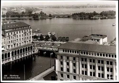 Ak Hamburg Mitte Altstadt, drei Alsterbecken, Vogelschau, Kreditbank, Cefamin, Gebäude, Brücken