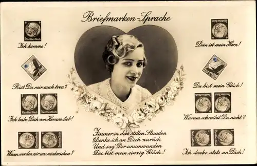 Briefmarken Ak Briefmarkensprache, Portrait einer Frau, Herz, Amag 67365 4