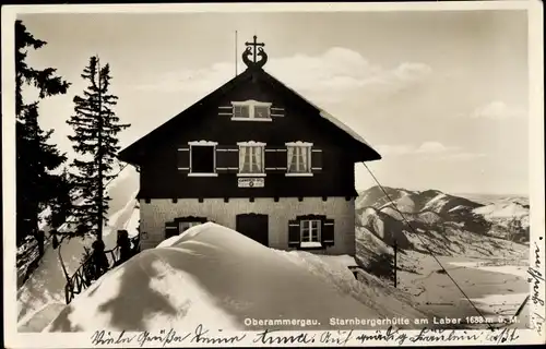 Ak Oberammergau in Oberbayern, Starnbergerhütte am Laber, Winter