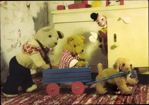 Ak Teddybären, Spielzeug, Holzwagen, Plüschtiere