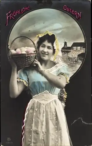 Ak Glückwunsch Ostern, Junge Frau mit Eierkorb