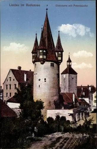 Ak Lindau am Bodensee Schwaben, Diebsturm mit Peterskirche