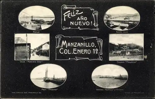 Ak Manzanillo Mexiko, Muelle, Calle Porfirio Diaz, Colonia Progreso