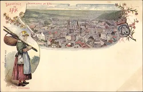 Künstler Ak Spa Wallonien Lüttich, Panorama der Stadt, Type Ardennais