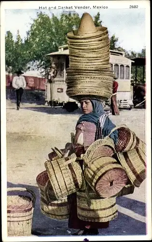 Ak Mexiko, Hat and Basket Vendor, Hut- und Korbverkäuferin