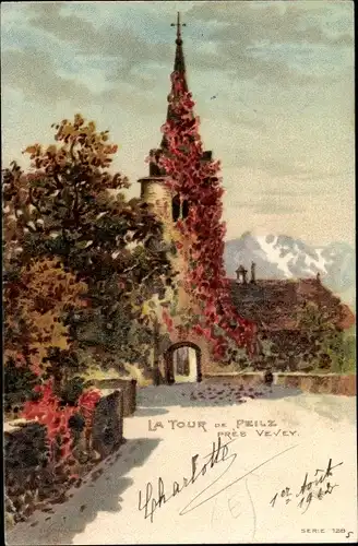 Litho Vevey Kt. Waadt Schweiz, La Tour de Peilz