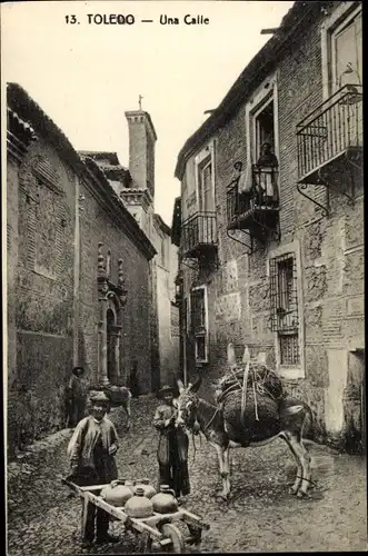 Ak Toledo Kastilien La Mancha Spanien, Una Calle, Straßenpartie, Esel