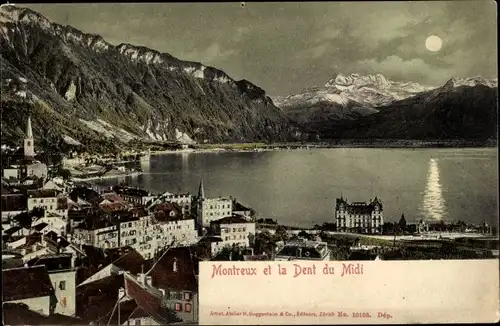 Mondschein Ak Montreux Kt. Waadt Schweiz, Vue générale avec la Dent du Midi