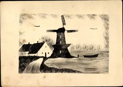 Handgemalt Ak Windmühle am Wasser, Wohnhäuser