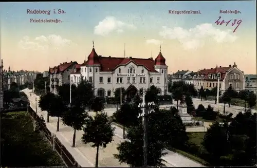 Ak Radeberg in Sachsen, Friedrichstraße, Kriegerdenkmal, Badstraße, Restaurant & Café Lindenhof