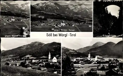 Ak Söll in Tirol, Panorama vom Ort gegen Wilden Kaiser und gegen Hohe Salve, Eibergbrücke