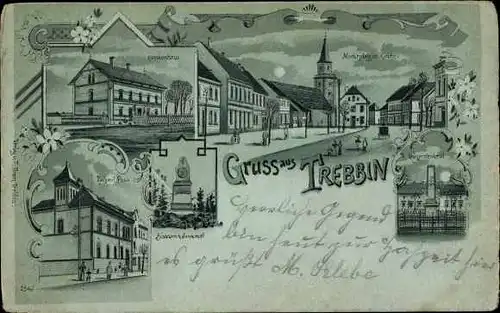 Mondschein Litho Trebbin in Brandenburg, Krankenhaus, Post, Bismarck Denkmal, Marktplatz