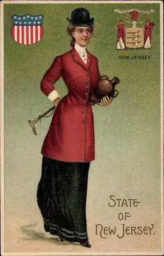 Präge Litho State of New Jersey, Frau in Reitgarnitur