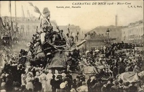 Ak Nice Nizza Alpes Maritimes, Carnaval 1908, Nice Coni, geschmückter Festwagen