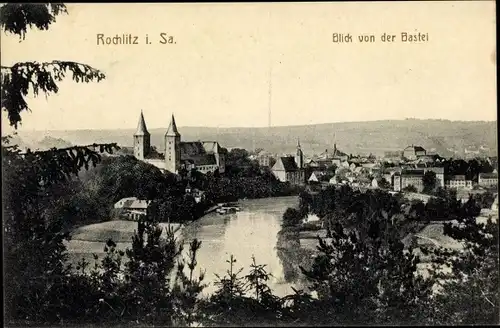 Ak Rochlitz an der Mulde, Teilansicht vom Ort, Flusspartie, Schloss, Kirche, Blick von der Bastei