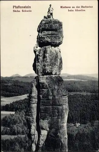Ak Pfaffendorf Königstein an der Elbe Sächsische Schweiz, Kletterer an der Barbarine beim Abseilen