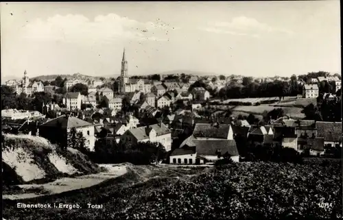 Ak Eibenstock im Erzgebirge Sachsen, Partie am Feldweg, Totalansicht vom Ort, Rathaus, Kirche