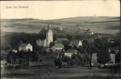 Ak Drebach Sachsen, Kirche, Panorama vom Ort