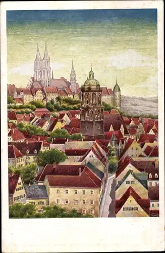 Künstler Ak Meißen in Sachsen, Totalansicht der Stadt, Dom, Frauenkirche, Blick vom Judenberg