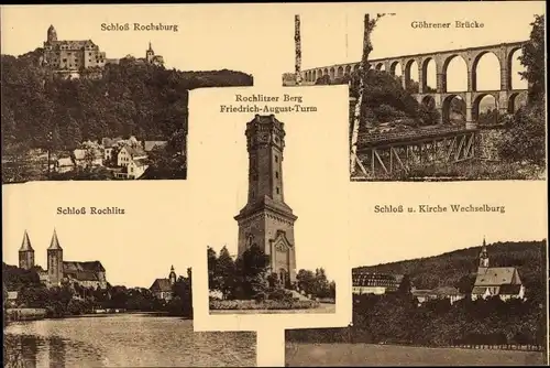Ak Rochlitz an der Mulde, Schloss Rochsburg, Göhrener Brücke, Friedrich August Turm, Rochlitzer Berg