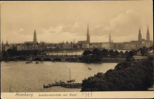 Ak Hamburg, Lombardsbrücke mit Stadt