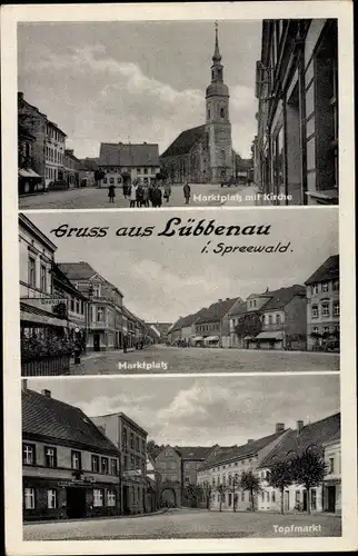 Ak Lübbenau im Spreewald, Marktplatz mit Kirche, Topfmarkt