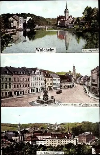 Ak Waldheim in Mittelsachsen, Zschopautal, Kgl. Strafanstalten, Wettinbrunnen, Obermarkt