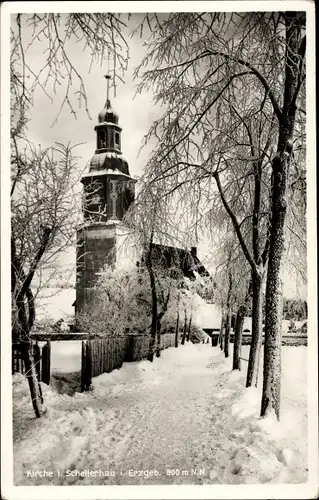 Ak Schellerhau Altenberg im Erzgebirge, Kirche im Winter