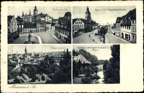 Ak Meerane in Sachsen, Bismarckplatz, Neumarkt, Augustusstraße, Wilhelm Wunderlich Park
