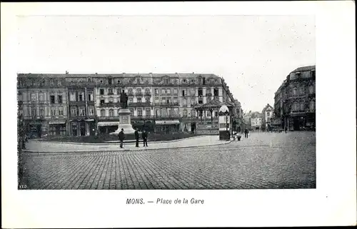 Ak Mons Wallonien Hennegau, Place de la Gare, monument, pavillon, colonne de publicité