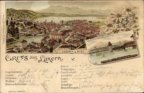 Vorläufer Litho Luzern Stadt Schweiz, Rigi, Kapellbrücke, Wasserturm, Pilatus, Edelweiß
