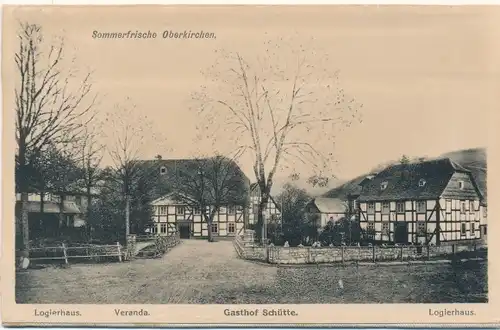 Ak Oberkirchen Schmallenberg im Sauerland, Ortspanorama, Gasthof Schütte, Logierhaus