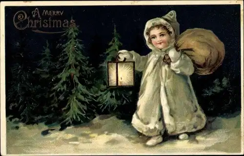 Präge Ak Frohe Weihnachten, Merry Christmas, Tannenbäume, Kind, Laterne
