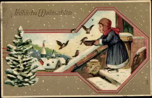 Präge Ak Frohe Weihnachten, Tannenbaum, Mädchen füttert Vögel