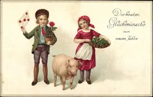 Präge Litho Glückwunsch Neujahr, Junge, Mädchen, Schwein, Kleeblätter, Brief
