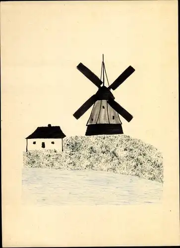 Handgemalt Ak Landschaftsansicht, Windmühle, Haus