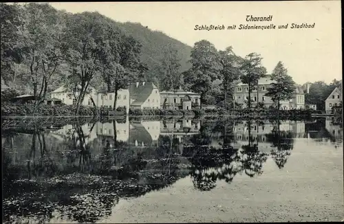 Ak Tharandt im Erzgebirge, Schloßteich mit Sidonienquelle und Stadtbad