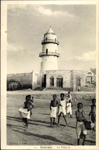 Ak Dschibuti Djibouti, La Mosquée, vue extérieure, minaret, enfants indigènes