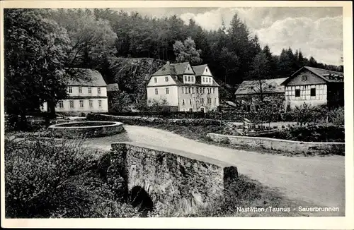 Ak Nastätten im Rhein Lahn Kreis, Sauerbrunnen, Brücke, Straßenpartie